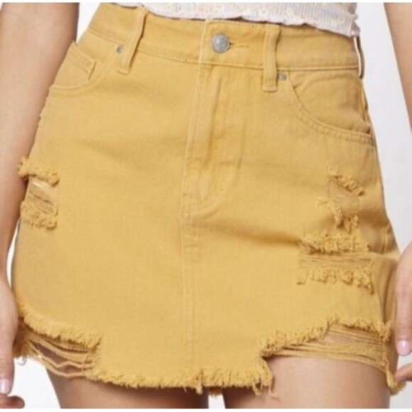 PacSun Distressed Jean Skirt Mustard Yellow Size 26 - Picture 1 of 6